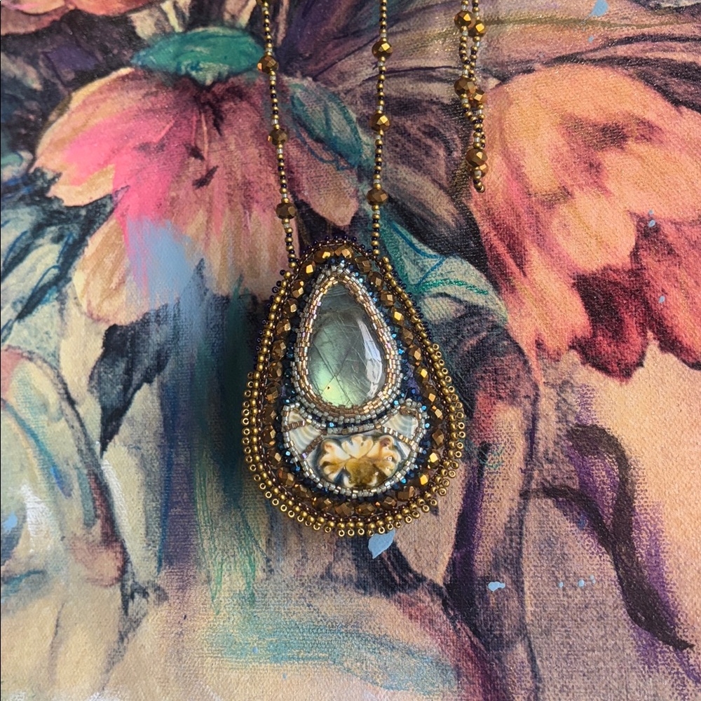 Handcrafted Bead Embroidered Labradorite Pendant Necklace
